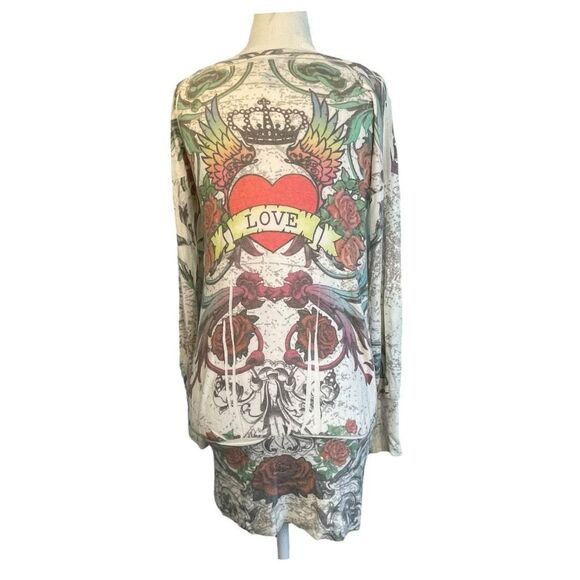 Y2K LVL X Sweater Cream Multi Knit Graphic Print Tattoo Long Sleeve Tunic M - Picture 4 of 7